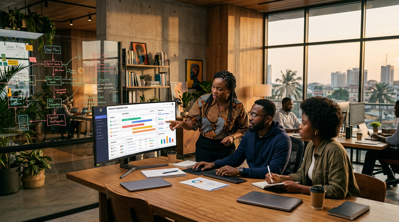 AI-generated scene of a collaborative product and engineering team — how Vitek works with clients